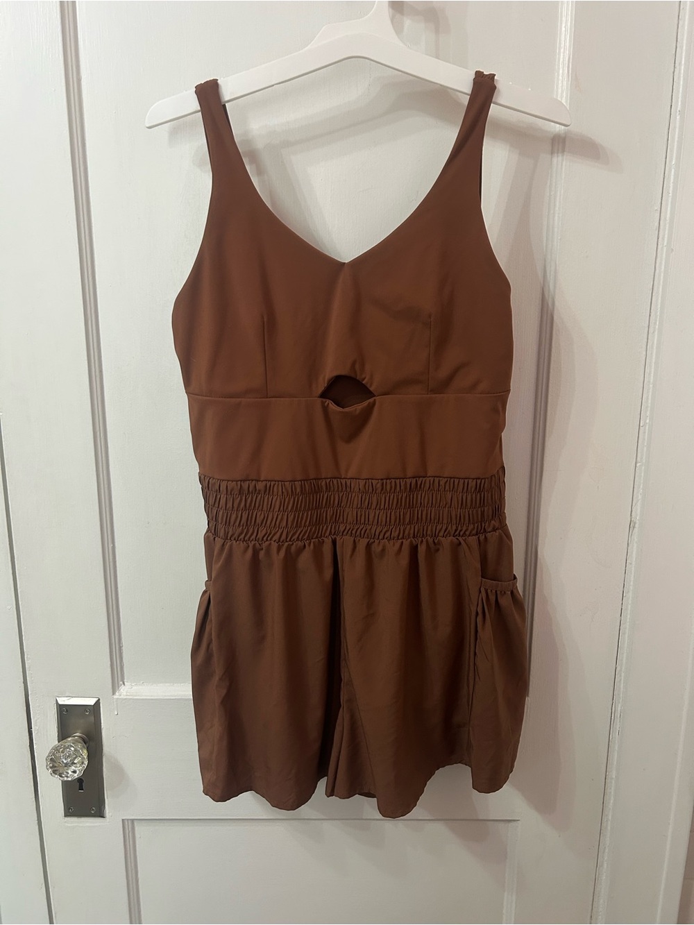 Sleeveless Brown Cutout Athletic Romper with Shirred Waist